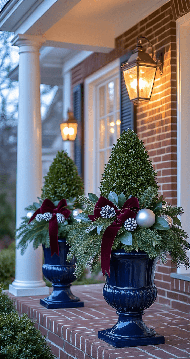 Elegant winter planter display with deep navy blue urns, featuring boxwood, magnolia leaves, white pine, and burgundy velvet ribbons, set on a classic brick colonial porch with warm lighting.