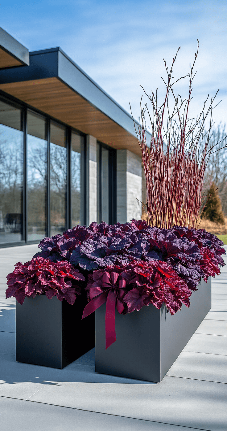 Contemporary winter container garden featuring oversized matte black planters with purple and burgundy ornamental kale, deep red dogwood stems, and rich burgundy ribbon, set against a modern steel and glass home in bright midday light, showcasing dramatic plant forms and colors enhanced by winter sunlight.