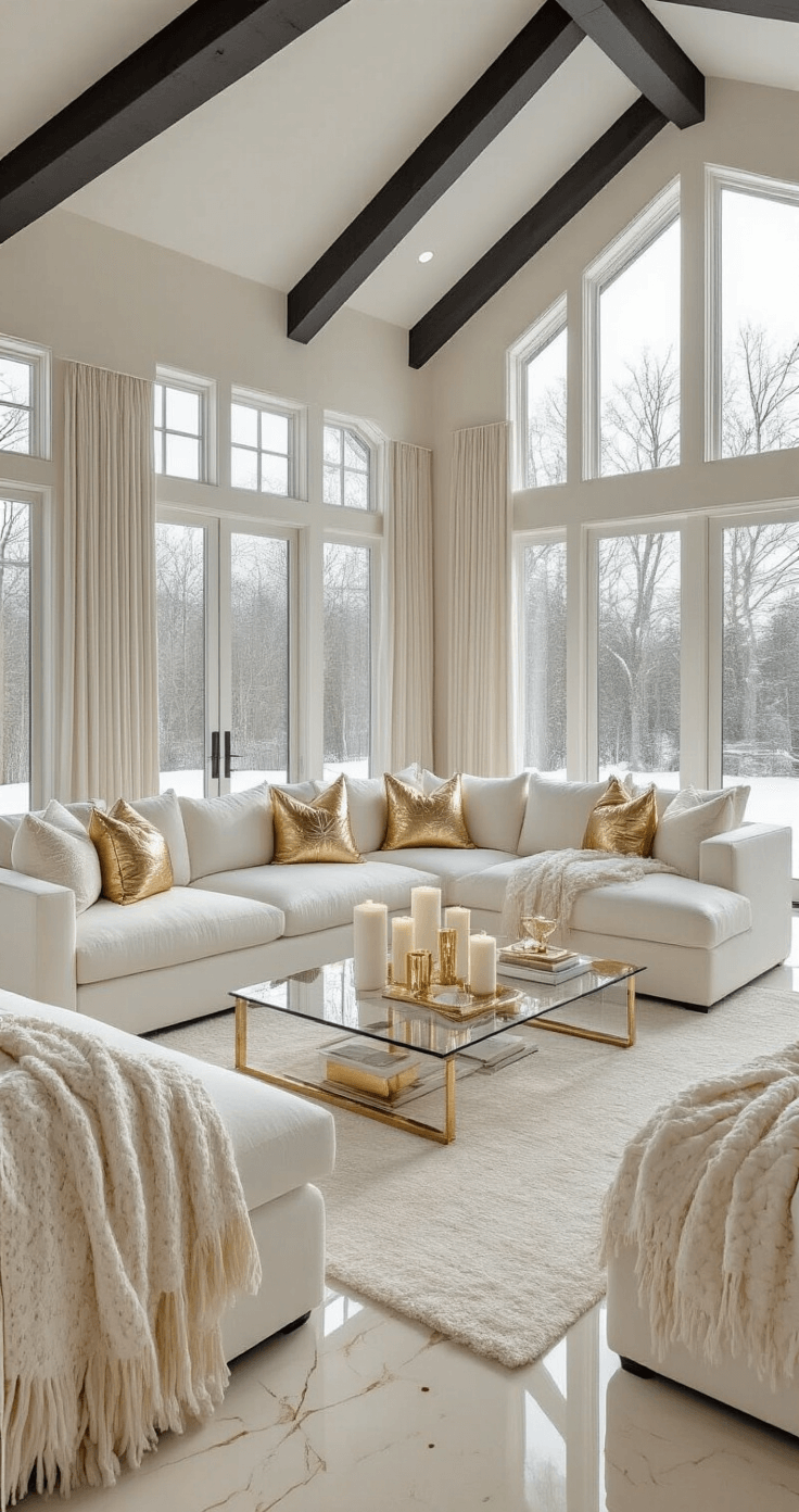 A contemporary living room with white sectional sofas, gold snowflake-patterned pillows, and a glass coffee table adorned with candles, set under a vaulted ceiling with charcoal beams and illuminated by natural light through floor-to-ceiling windows.