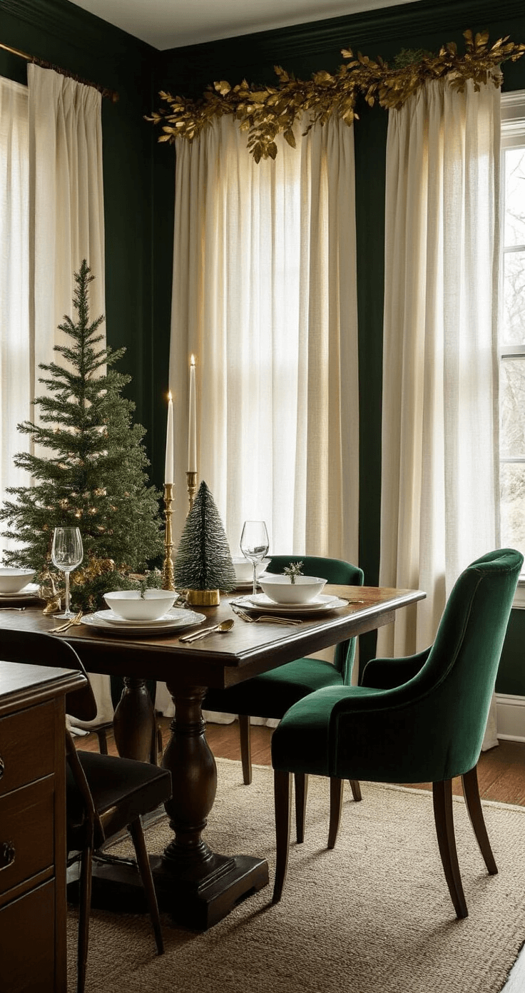 An intimate dining room featuring dark forest green walls, mahogany furniture, a vintage oak table set with white dinnerware, and Christmas-themed napkin holders, illuminated by warm golden hour light. An emerald velvet accent chair, brass candlesticks, and gold leaf garland add sophisticated touches to the cozy setting.