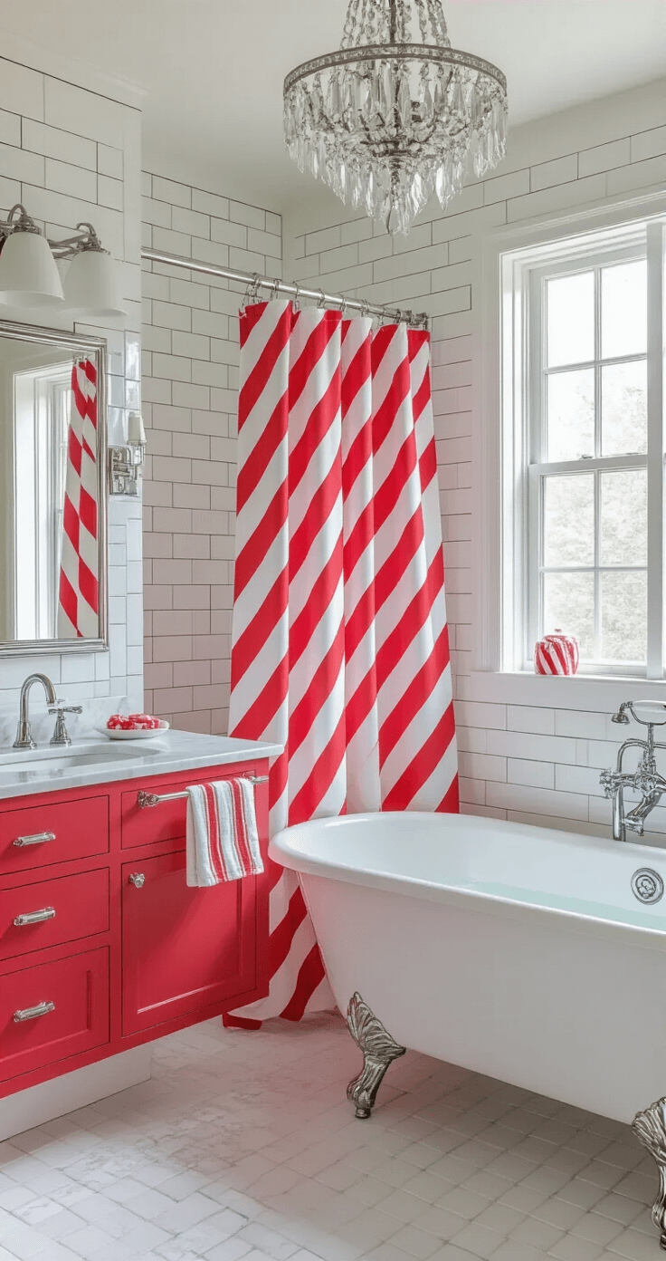 A whimsical holiday-themed bathroom with candy cane-inspired design, featuring diagonal red striped shower curtains, pink marble countertops, and a vintage clawfoot tub under a crystal chandelier, all bathed in soft afternoon light.