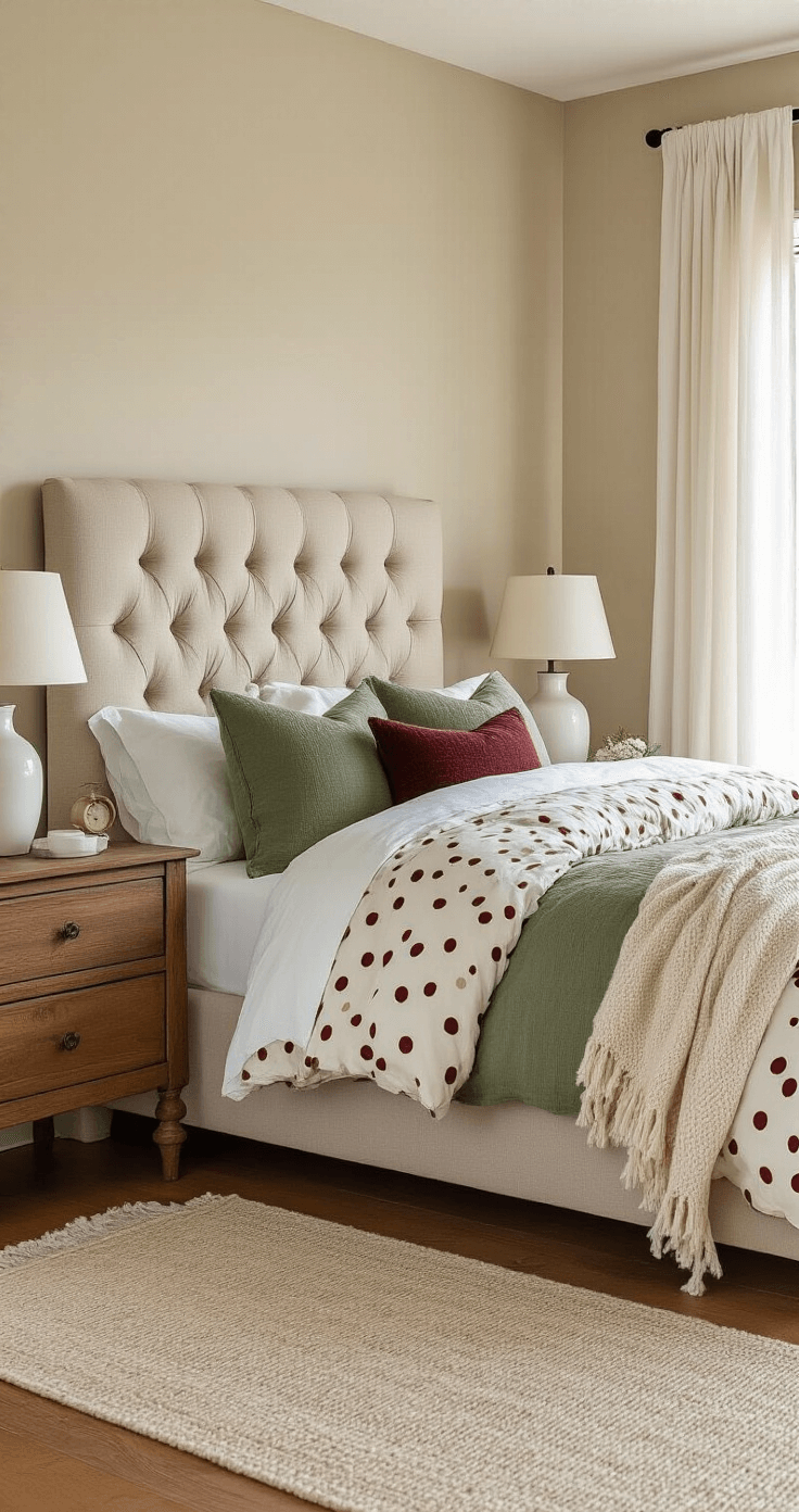 Cozy bedroom with beige walls, a tufted taupe headboard, festive polka dot bedding in sage green and burgundy, and natural oak floors, featuring soft morning light, vintage lamps, and layered textures, conveying relaxed holiday comfort.
