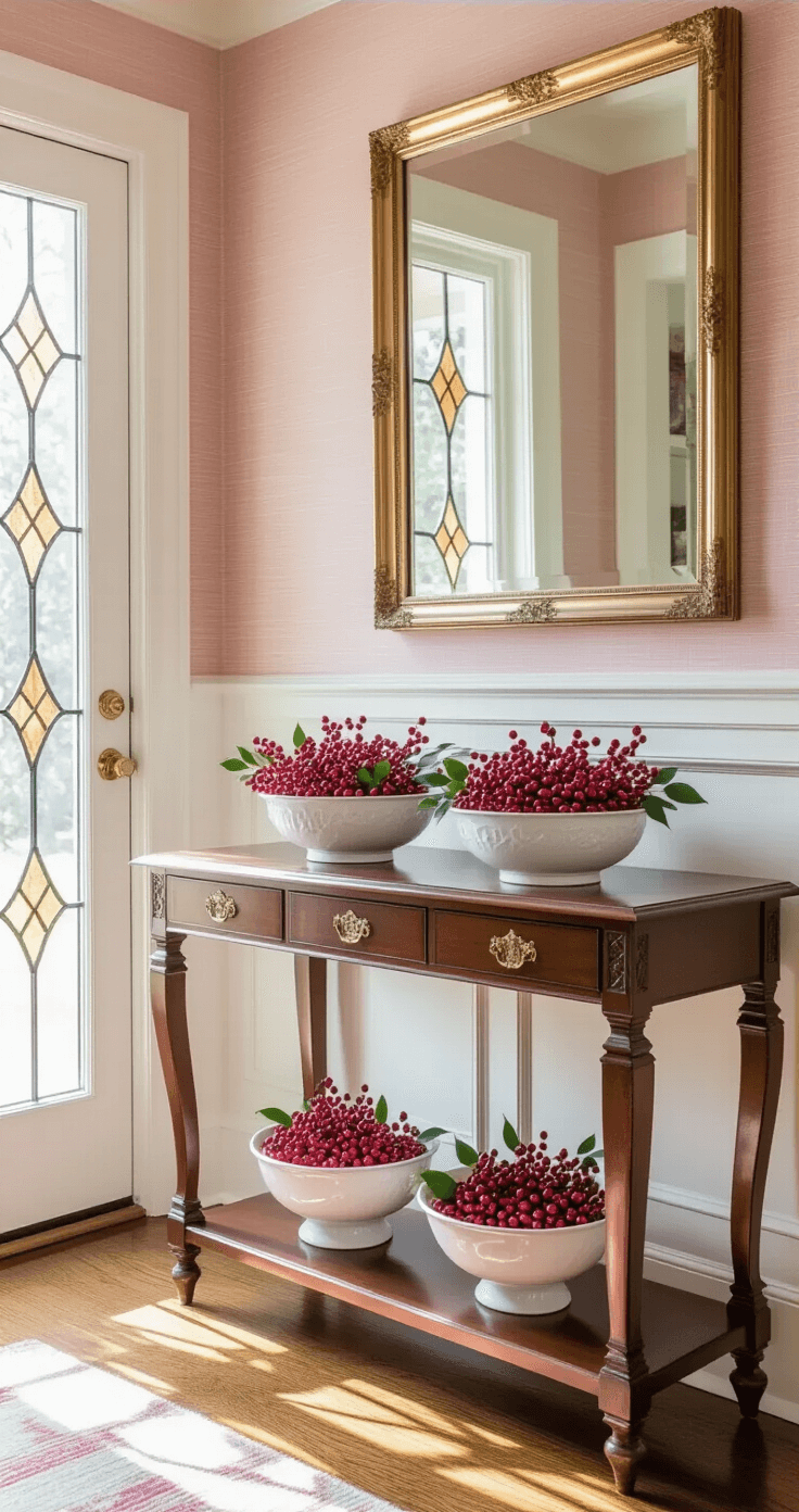 An elegant entryway foyer featuring holly berry-inspired decor with pale pink grasscloth wallpaper, white wainscoting, and a vintage mahogany console table adorned with ceramic bowls of artificial red berries. Afternoon sunlight filters through a leaded glass door, casting shadows on honey-colored hardwood floors, while a gilded mirror and brass hardware add warmth and charm to the inviting holiday atmosphere.