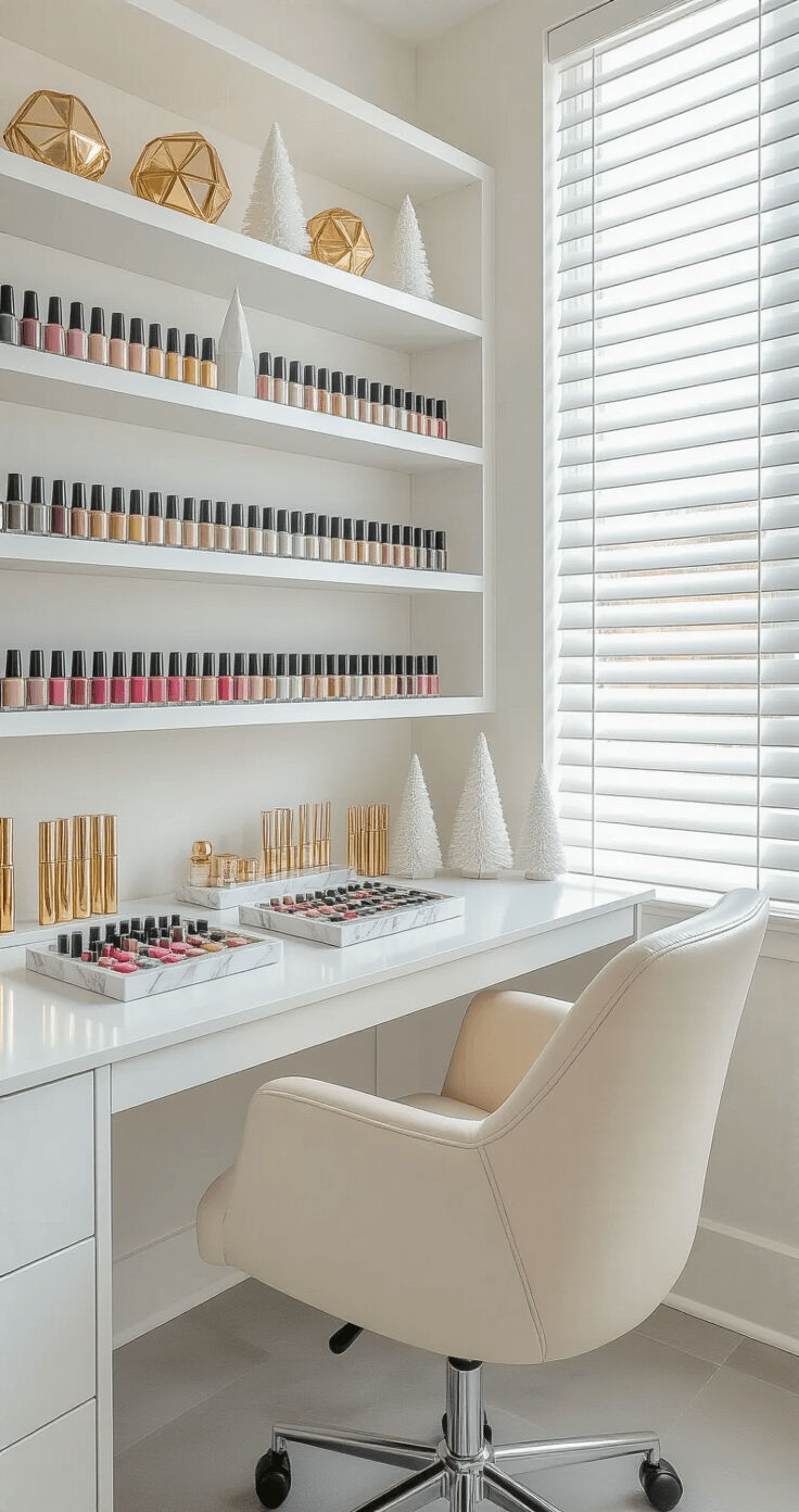 A contemporary home office featuring white built-in shelving with organized nail polish collections, a sleek white desk with gold nail art tools, large windows with cellular shades, a plush cream ergonomic chair on polished concrete floors, and minimalist holiday decorations in a palette of white, gold, and gray, captured from above in bright lighting.