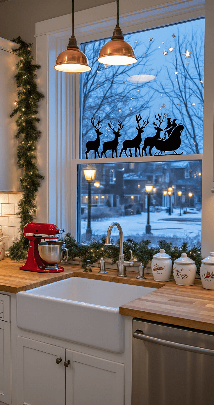 A photorealistic kitchen at twilight featuring a bay window with hand-painted Santa's sleigh and reindeer, including a bright red-nosed Rudolph. The white farmhouse kitchen has a subway tile backsplash, butcher block countertops, and copper pendant lights casting a warm glow. Fresh greenery garland adorns the window frame, alongside a vintage red KitchenAid mixer and ceramic cookie jars. Outside, a snowy neighborhood street is visible under period streetlamps, all captured from a low angle emphasizing the enchanting window scene.