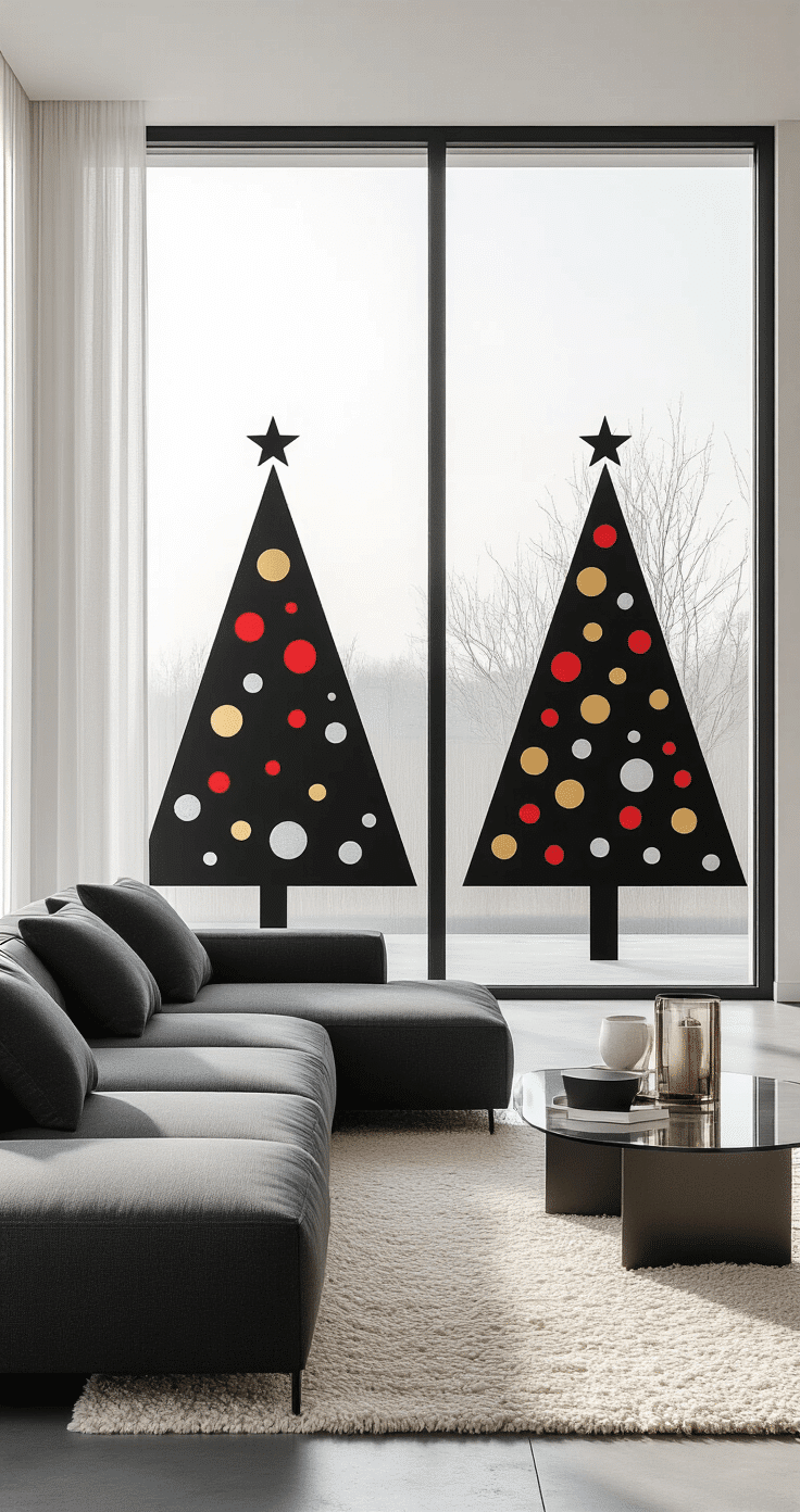 A photorealistic minimalist living room with floor-to-ceiling windows showcasing elegant black Christmas tree silhouettes with geometric shapes and colorful ornaments, featuring a charcoal gray sectional, glass coffee table, and cream textured wool rug, all bathed in serene natural light.