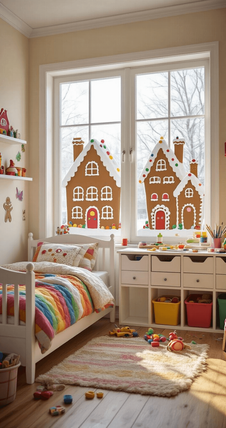 Photorealistic image of a whimsical children's bedroom during playtime, featuring a large window with a painted gingerbread house village, a twin bed with a rainbow quilt, white furniture, scattered toys on hardwood floors, and craft supplies on a desk, all bathed in warm, natural light.
