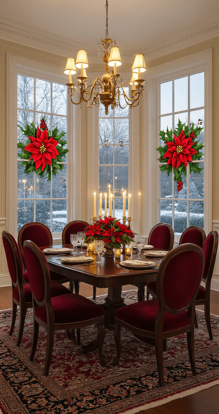 A photorealistic formal dining room at dusk, featuring a mahogany table set for eight with crystal glasses and silver candlesticks. Tall Georgian windows adorned with holiday florals showcase a snow-covered garden. The atmosphere is elegant and festive, illuminated by a warm chandelier and flickering candles.
