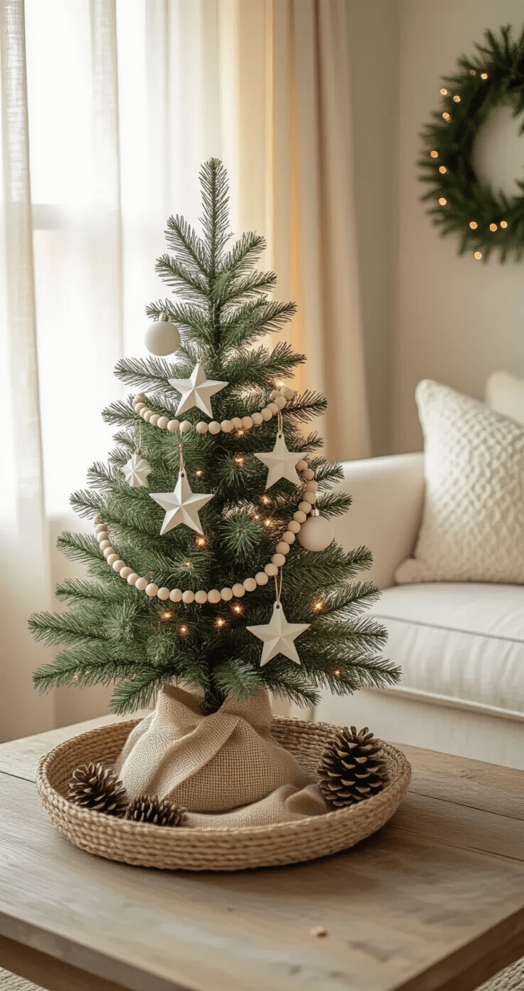 Photorealistic cozy living room corner featuring a small neutral-toned Christmas tree on a rustic wooden side table, illuminated by morning light through gauze curtains, adorned with star ornaments, wooden bead garland, and pinecones, alongside a linen sofa with cream pillows and warm glowing micro LED lights.