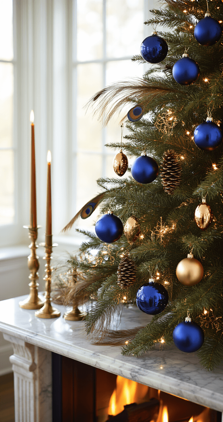 Photorealistic image of an elegant mantelpiece featuring a 24-inch jewel-toned Christmas tree adorned with deep navy glass ball and copper mini egg ornaments. The tree, placed on a marble mantel, is complemented by brass candlesticks, draped copper velvet and gold wired ribbons. The scene captures warm firelight and ambient tungsten lighting, evoking a luxurious Old Hollywood atmosphere with rich textures and golden reflections.