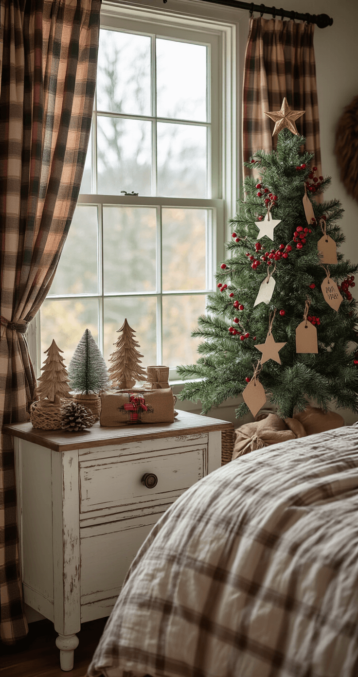 A cozy bedroom nightstand with a petite 15-inch Christmas tree decorated in vintage cabin style, featuring plaid ribbon, cabin-themed ornaments, and red berry picks, illuminated by afternoon light filtering through plaid curtains, beside a quilted bed with flannel sheets.