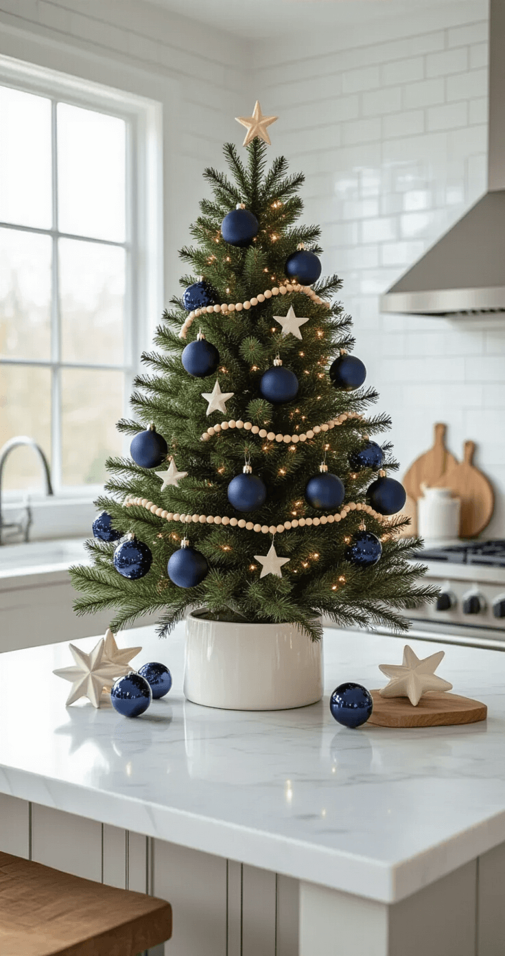 Photorealistic kitchen scene featuring an 18-inch Christmas tree with navy glass ornaments and wooden bead garland on a white marble countertop, illuminated by late morning light, surrounded by matching kitchen elements.