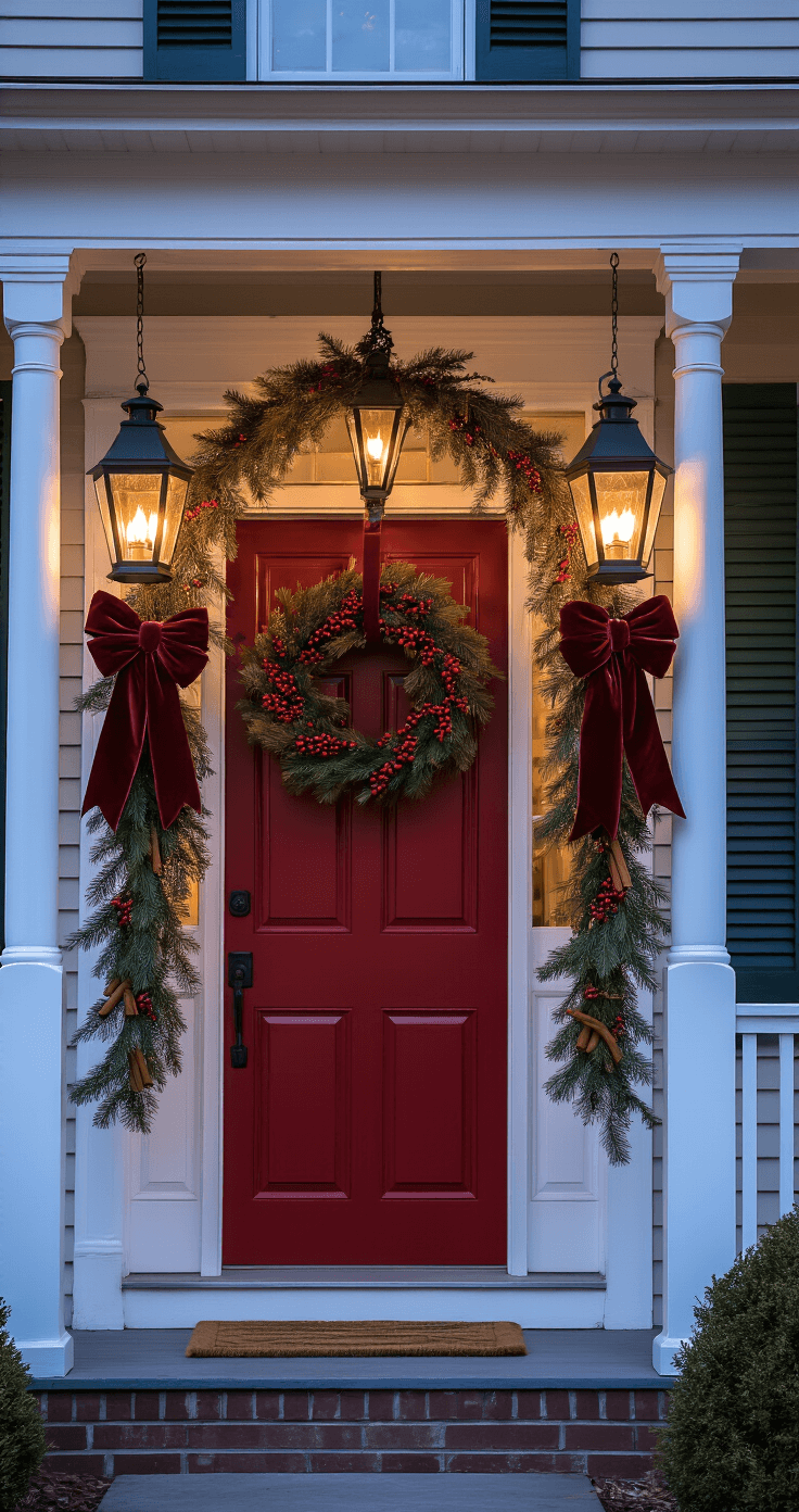 Twilight porch entrance featuring a glossy red front door flanked by black wrought-iron lanterns adorned with burgundy velvet bows and natural pine garland, illuminated by warm amber candlelight, with white columns, dark green shutters, and a festive wreath, creating a warm and inviting ambiance.
