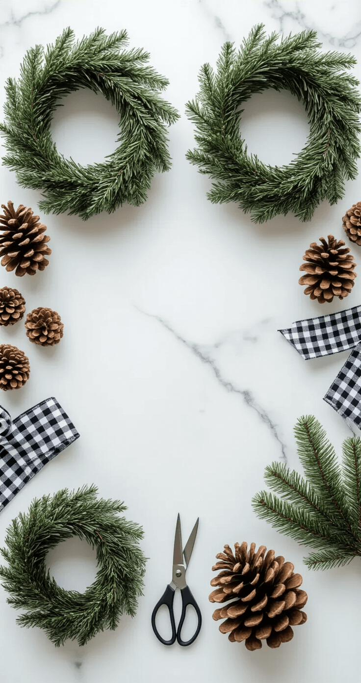 Close-up overhead view of a modern farmhouse kitchen island featuring a white marble countertop with a flat lay of DIY wreath supplies, including overlapping store-bought wreaths, pine cones, bottle brush trees, buffalo check ribbon, wire cutters, and green floral wire, all arranged for a tutorial aesthetic in bright morning light.