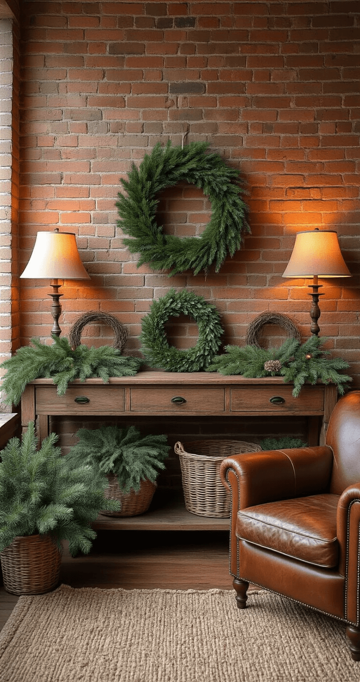 Wide interior shot of a rustic living room corner showcasing a vintage wood console table with the Fuller Bundle Method demonstration, featuring three stages of a greenery wreath against an exposed brick wall, accompanied by an aged leather chair and various natural materials under warm amber lighting.