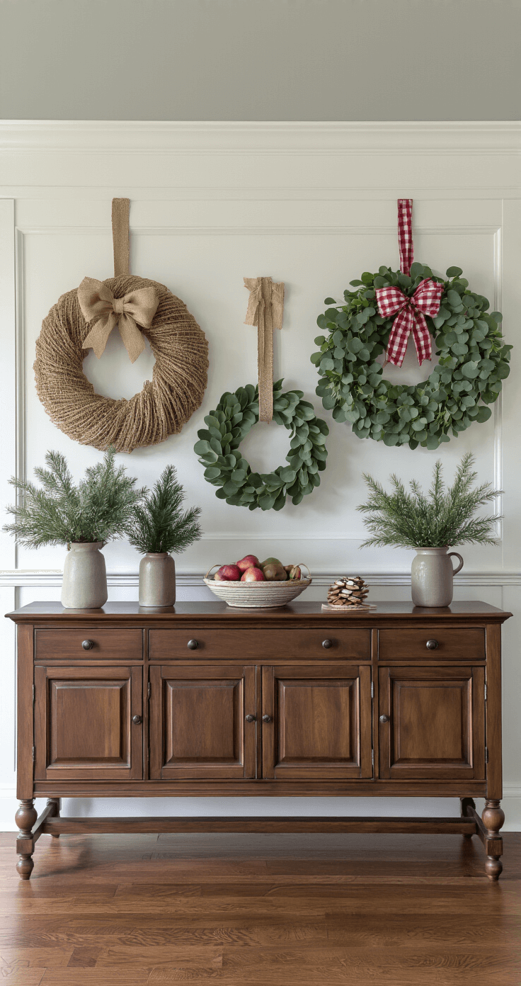 Elegant dining room sideboard illuminated by soft morning light, featuring a dark walnut buffet displaying three wreath styles: rustic burlap bow on the left, modern half-wreath eucalyptus in the center, and farmhouse buffalo check on the right. Background of soft gray walls with white wainscoting, showcasing varied textures and a harmonious color palette of rich browns, muted grays, vibrant greens, and red and white accents.