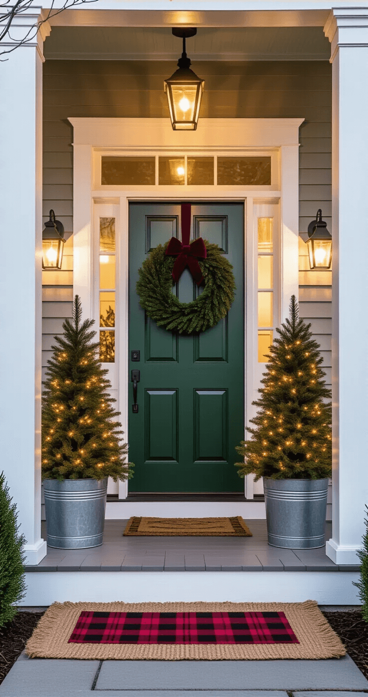 A charming front porch at golden hour features white wooden columns with dark green trim, a large evergreen wreath on the forest green door, flanked by potted Fraser firs wrapped in LED lights, layered jute and red plaid doormats, all illuminated by warm glow from porch lights and natural sunset light filtering through bare winter branches.