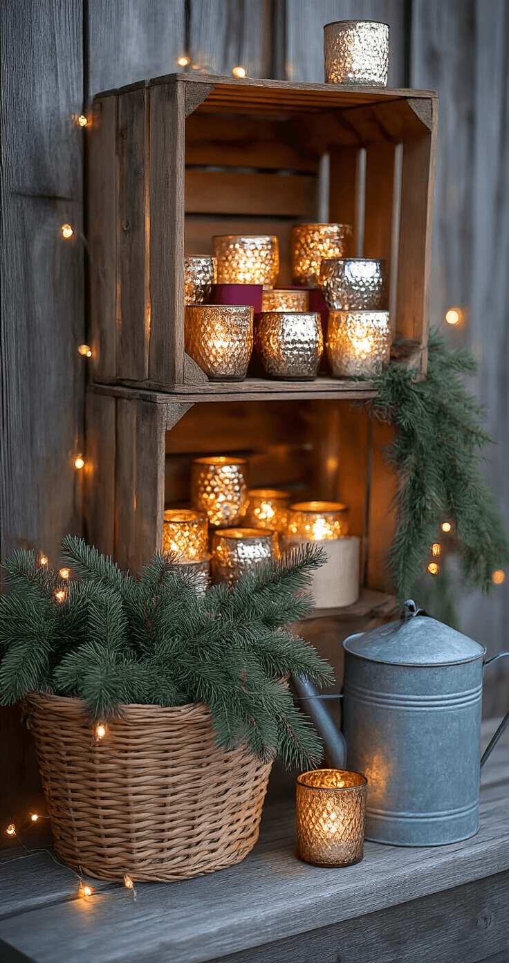 A cozy twilight scene featuring a rustic wooden crate with mercury glass votives and lanterns, evergreen sprigs from a woven basket on barn wood steps, and vintage ornaments in a watering can, all illuminated by warm string lights.