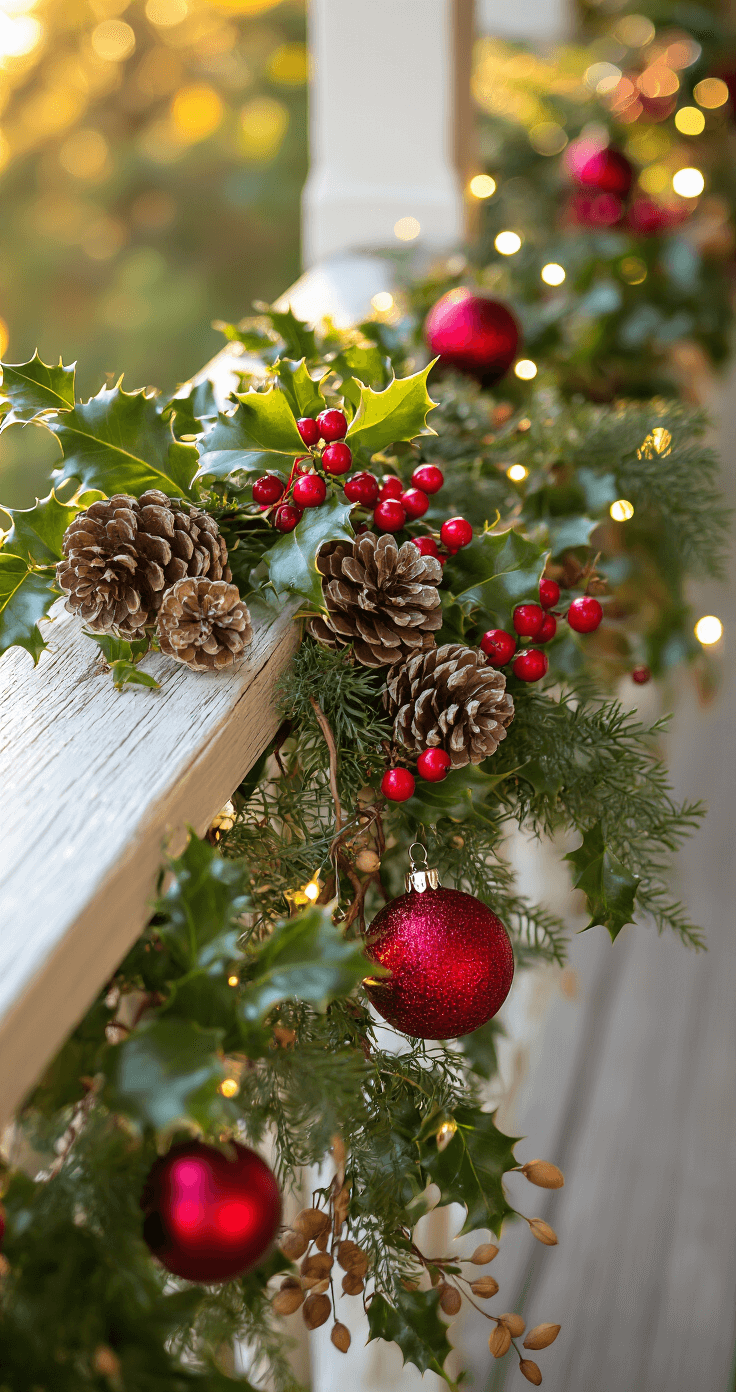 Intimate close-up of holly branches with red berries and wild grapevine garland on a painted wooden porch rail, accented by pinecones, dried seed pods, and warm white fairy lights, with burgundy glass ornaments glistening in golden afternoon light, showcasing textures and a dreamy background blur.