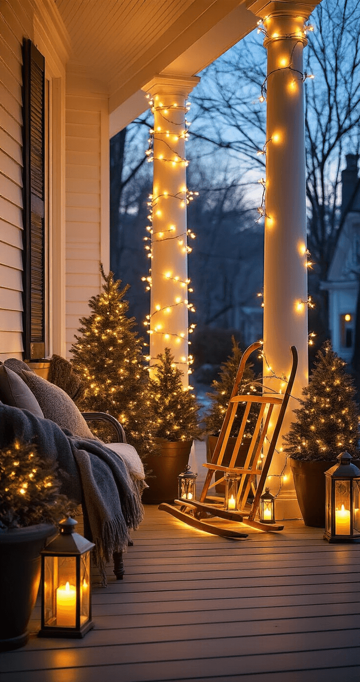 Evening porch display illuminated with warm white string lights, glowing lanterns, and a vintage sled wrapped in lights, creating a cozy, enchanting winter atmosphere.