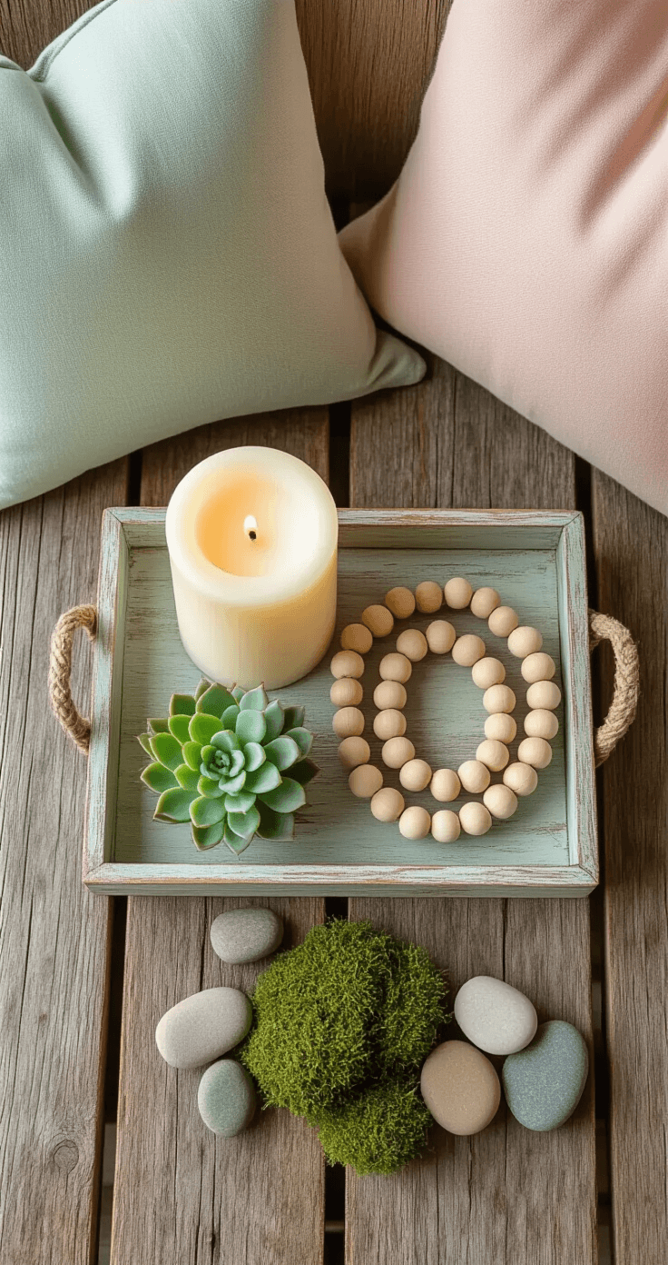 Overhead view of a styled spring porch flat lay featuring a weathered wooden tray with a cream pillar candle, decorative wooden beads, and artificial succulents, arranged on a rustic surface with moss and river rocks, framed by soft sage green and blush pink throw pillows.