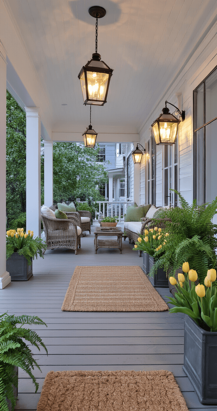 A wide-angle view of a spring porch at blue hour, featuring a white ceiling, natural wood floors, asymmetrical black metal lanterns, faux greenery in galvanized planters, and wicker furniture with sage and cream cushions, all illuminated by landscape lighting.