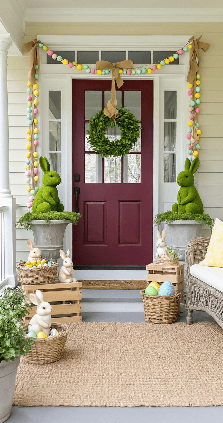 DIY Front Porch Easter Decorations That Won't Break the Bank A beautifully styled Easter front porch featuring classic columns, a burgundy door, concrete planters with moss bunnies, colorful egg garland on white railings, vintage crates with bunny figurines, and spring throw pillows on wicker furniture, all bathed in warm mid-morning light.