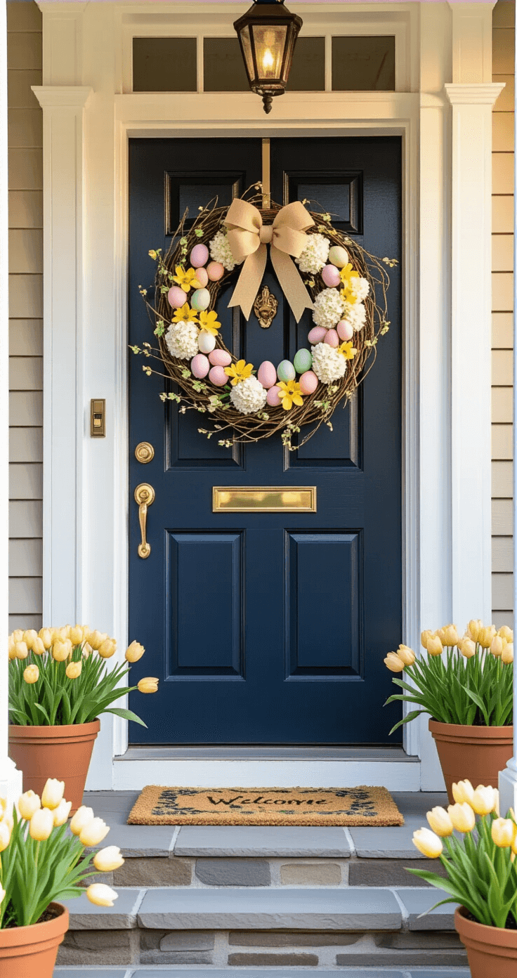 Easter Wreaths for Front Doors: Your Complete Guide to Spring Curb Appeal Inviting front door of a traditional colonial home featuring a dark navy blue door with a rustic grapevine wreath adorned with pastel eggs and spring flowers, framed by white porch columns and flanked by tulip planters, all captured in warm golden hour lighting.