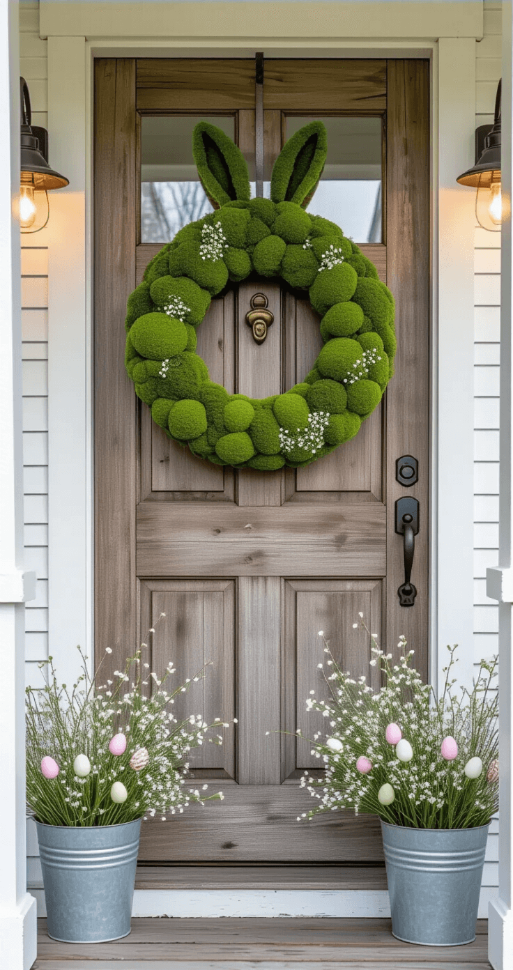 Easter Wreaths for Front Doors: Your Complete Guide to Spring Curb Appeal Elegant farmhouse front porch with a weathered wood door featuring a vintage brass knocker, adorned with a large moss-covered bunny wreath and flanked by galvanized metal buckets filled with pastel Easter eggs and fresh pussy willows, all bathed in soft twilight lighting.