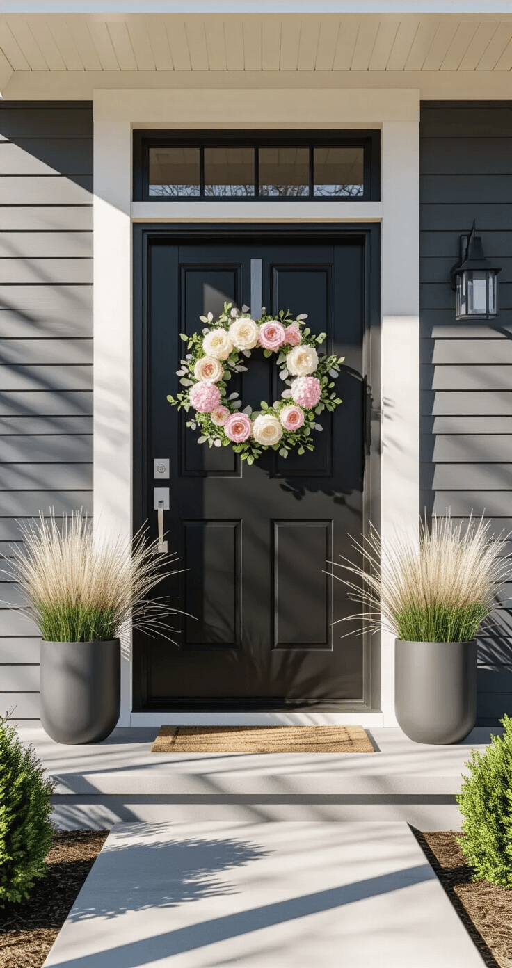 Easter Wreaths for Front Doors: Your Complete Guide to Spring Curb Appeal Modern craftsman home entrance with a sleek black front door and minimalist floral Easter wreath, featuring cream roses and pale pink peonies. Clean-lined planters with ornamental grasses, charcoal gray siding, and crisp white trim create a fresh, contemporary atmosphere bathed in bright morning sunlight.