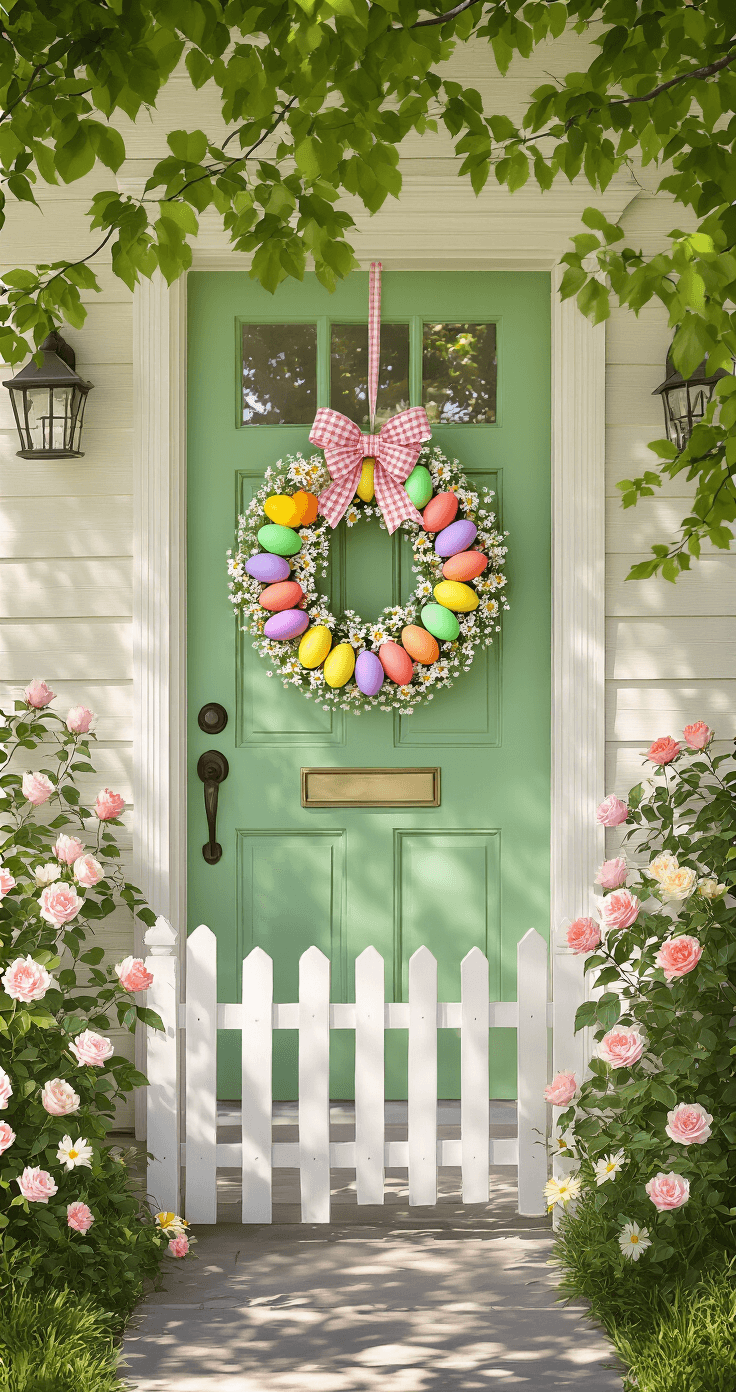 Easter Wreaths for Front Doors: Your Complete Guide to Spring Curb Appeal Charming sage green front door adorned with a colorful Dollar Tree-inspired Easter wreath, featuring pastel plastic eggs and artificial flowers, framed by a white picket fence and climbing roses, all basking in dappled afternoon sunlight.