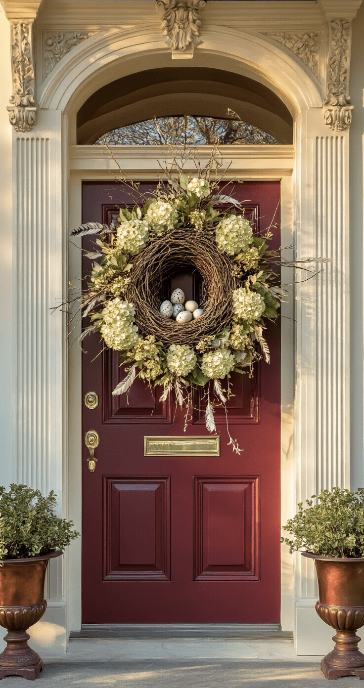 Easter Wreaths for Front Doors: Your Complete Guide to Spring Curb Appeal A stately Victorian home entrance featuring a bird's nest themed Easter wreath on a burgundy door, with elegant lighting highlighting preserved boxwood, dried hydrangeas, and ornate brass hardware, set against flowering quince in aged copper planters.