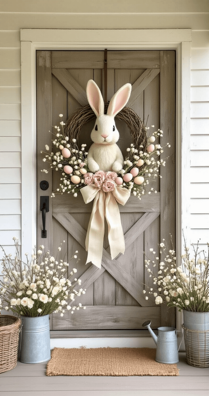 Easter Wreaths for Front Doors: Your Complete Guide to Spring Curb Appeal Cozy farmhouse porch entrance with weathered white clapboard siding, rustic barn-style door, and shabby chic bunny wreath adorned with pastel foam eggs, peonies, and lamb's ear. Vintage galvanized watering cans and wire baskets filled with pussy willows enhance the nostalgic ambiance, illuminated by warm morning light.