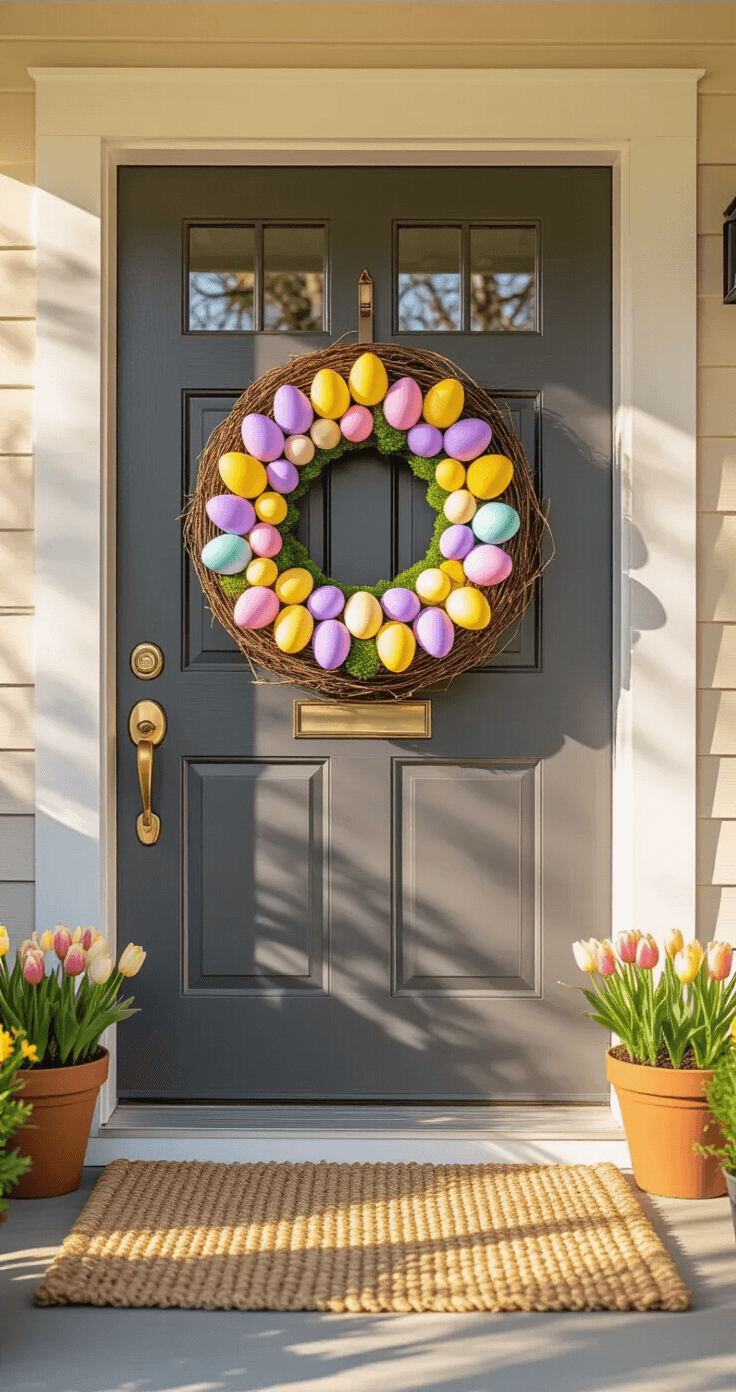 Easter Egg Wreath: Your Front Door Deserves This Spring Upgrade A welcoming front door adorned with a vibrant Easter egg wreath, featuring pastel plastic eggs, set against a charcoal gray door with soft sunlight filtering through trees, surrounded by a natural jute doormat and terracotta planters of tulips.