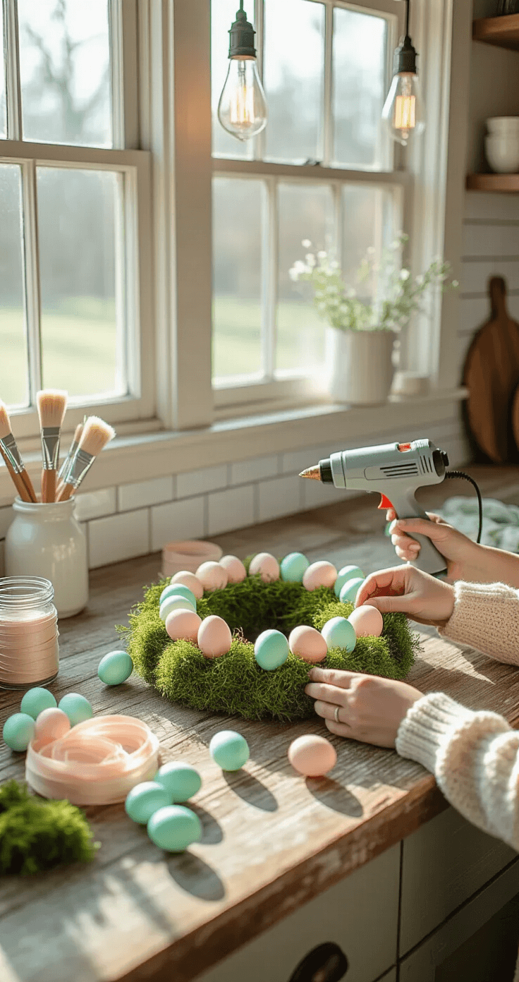 Easter Egg Wreath: Your Front Door Deserves This Spring Upgrade A close-up of a rustic farmhouse kitchen island with a wreath-making setup, featuring a styrofoam wreath form, pastel Easter eggs, a hot glue gun, ribbons, and moss. Hands in cream knit sleeves carefully place an egg on the wreath, illuminated by bright morning light and soft fill lighting.