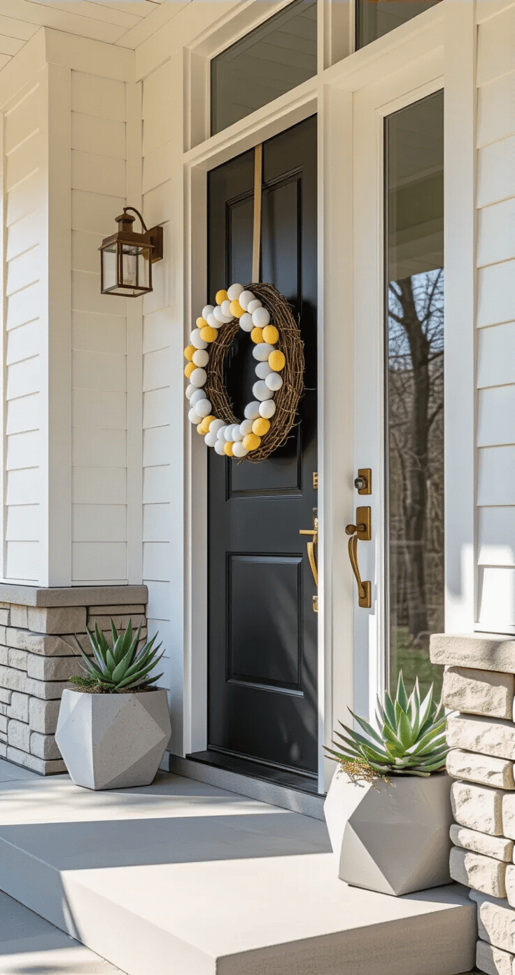 Easter Egg Wreath: Your Front Door Deserves This Spring Upgrade A minimalist front porch featuring a sparse Easter egg wreath made of white and pale yellow eggs on a dark grapevine base, mounted on a sleek black front door of a contemporary home with white trim and natural stone accents, accompanied by a geometric concrete planter with succulents and polished brass hardware.