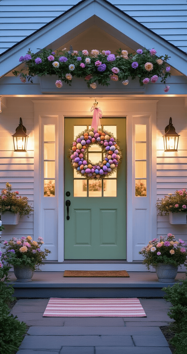 Easter Egg Wreath: Your Front Door Deserves This Spring Upgrade Cozy cottage entrance at twilight with a pastel Easter egg wreath, sage green door, vintage lanterns, and spring flowers, illuminated by warm porch light.