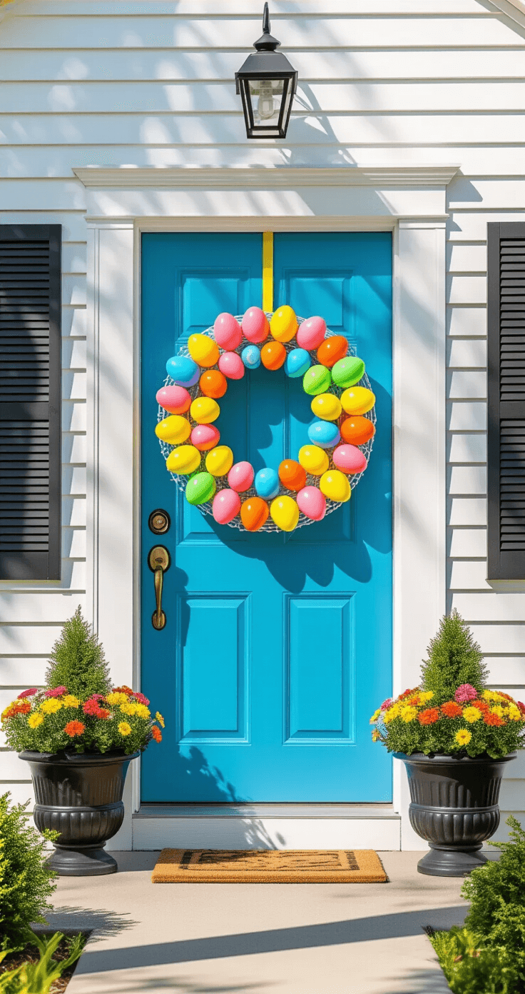 Easter Egg Wreath: Your Front Door Deserves This Spring Upgrade A cheerful wreath adorned with 30 colorful plastic eggs on a robin's egg blue front door, framed by clean white siding and black shutters, surrounded by bright spring flowers in matching planters under morning sunlight.