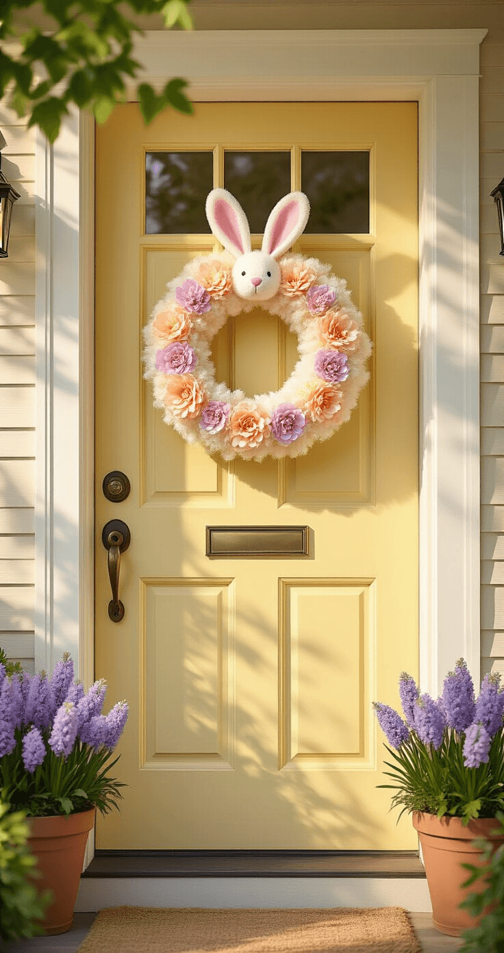 A charming pale yellow front door adorned with a fluffy white bunny wreath surrounded by pastel flowers, flanked by terracotta potted hyacinths, captured during golden hour.