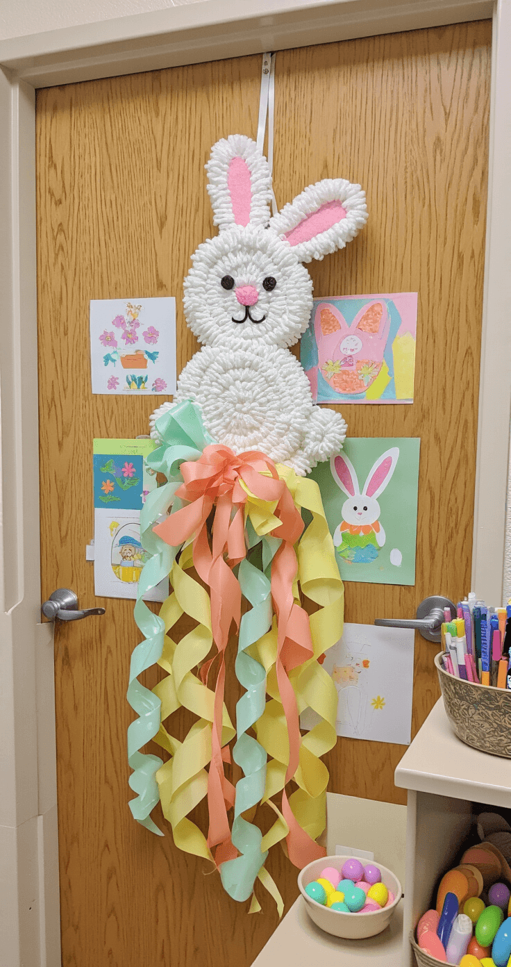 Bright classroom door with a 14-inch DIY bunny wreath made of white chenille yarn and colorful ribbon streamers, hanging on an oak-stained door. Cream-colored cinderblock walls and illuminated by natural fluorescent lighting. Nearby bulletin boards display student Easter artwork, and a small ceramic bowl of pastel plastic eggs rests on a shelf.