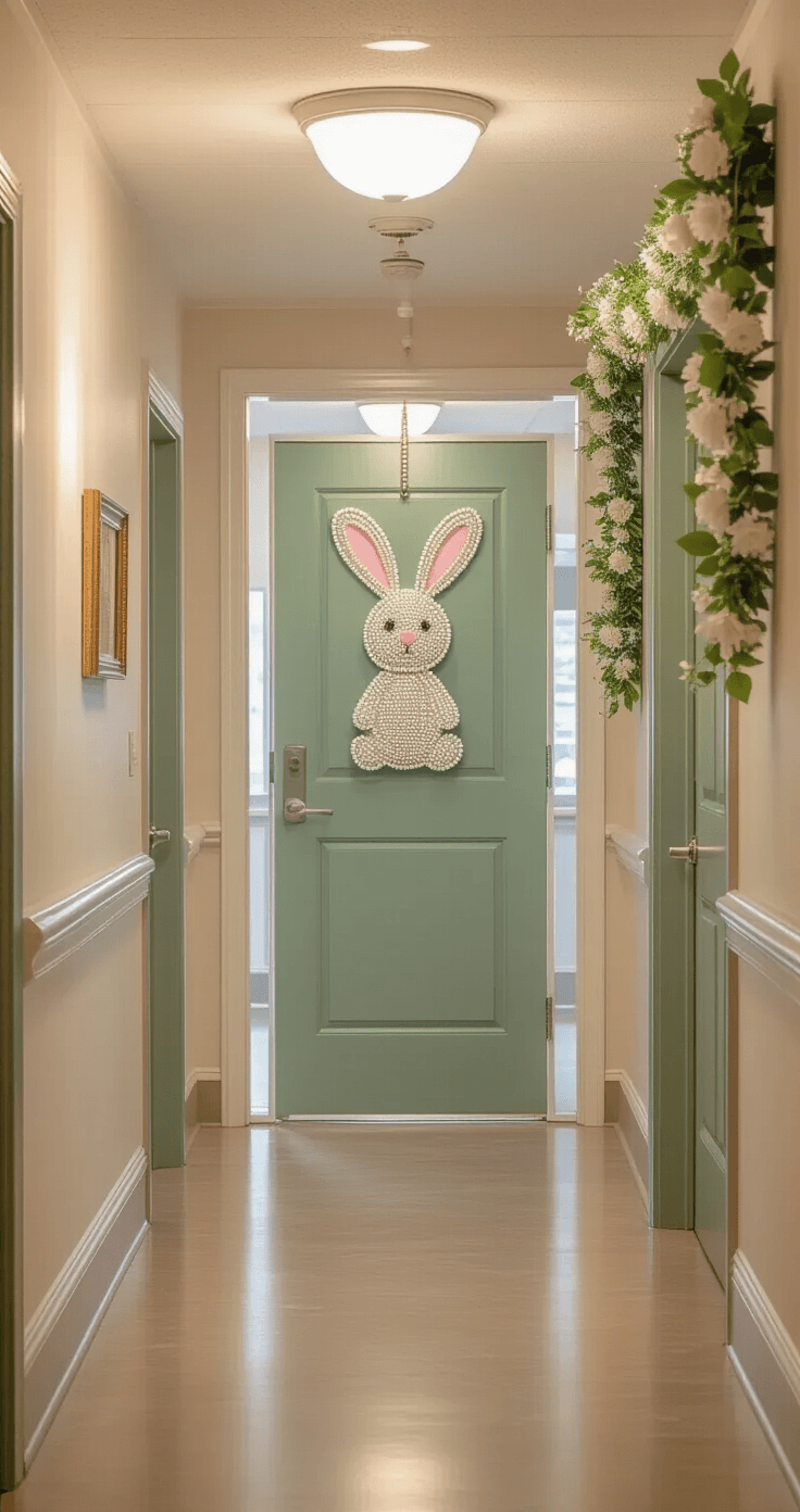 An elegant assisted living facility hallway with a sage green door adorned with a beaded bunny door hanger, reflecting warm lighting on polished linoleum floors, framed by silk spring garlands and cream-colored walls for a homelike atmosphere.