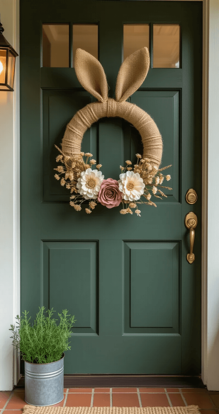 Cozy apartment entryway with a rustic bunny wreath on a deep forest green door, vintage brass hardware, warm lighting, and a galvanized metal planter with fresh herbs on terra cotta tiles.