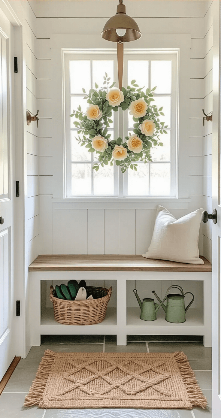 Wide-angle interior shot of a bright mudroom featuring shiplap walls painted in Cloud White, a built-in bench with beadboard backing, and dark bronze door hardware. Soft morning light filters through frosted glass door panels illuminating an asymmetrical spring wreath with silk peonies and eucalyptus. A weathered wooden bench holds a wicker basket with gardening gloves and a sage green watering can, while a geometric-patterned natural jute doormat anchors the space.