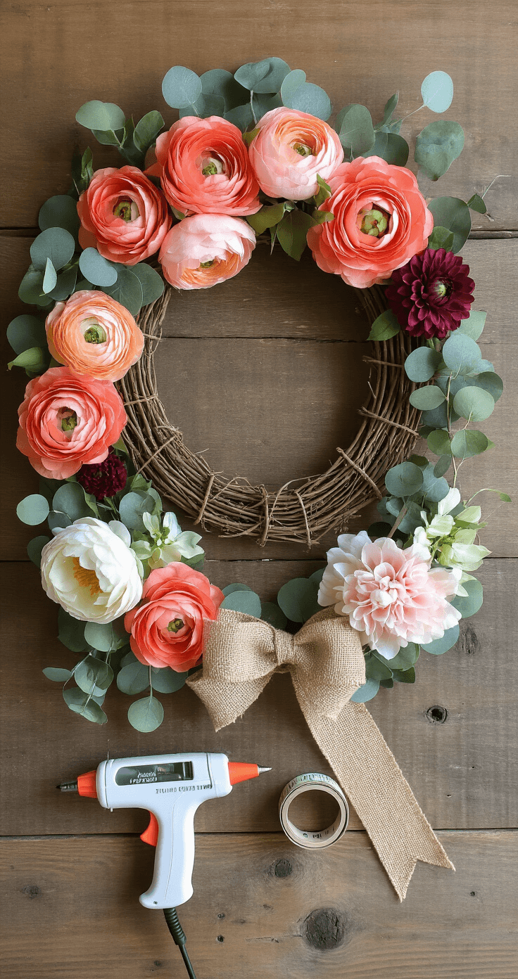 Overhead flat-lay of a wreath-making supply collection on a reclaimed barnwood table, featuring a grapevine wreath center, arranged silk flowers in coral, peach, and burgundy, eucalyptus sprigs, professional tools, and three ribbon options, all illuminated by soft north-facing window light.