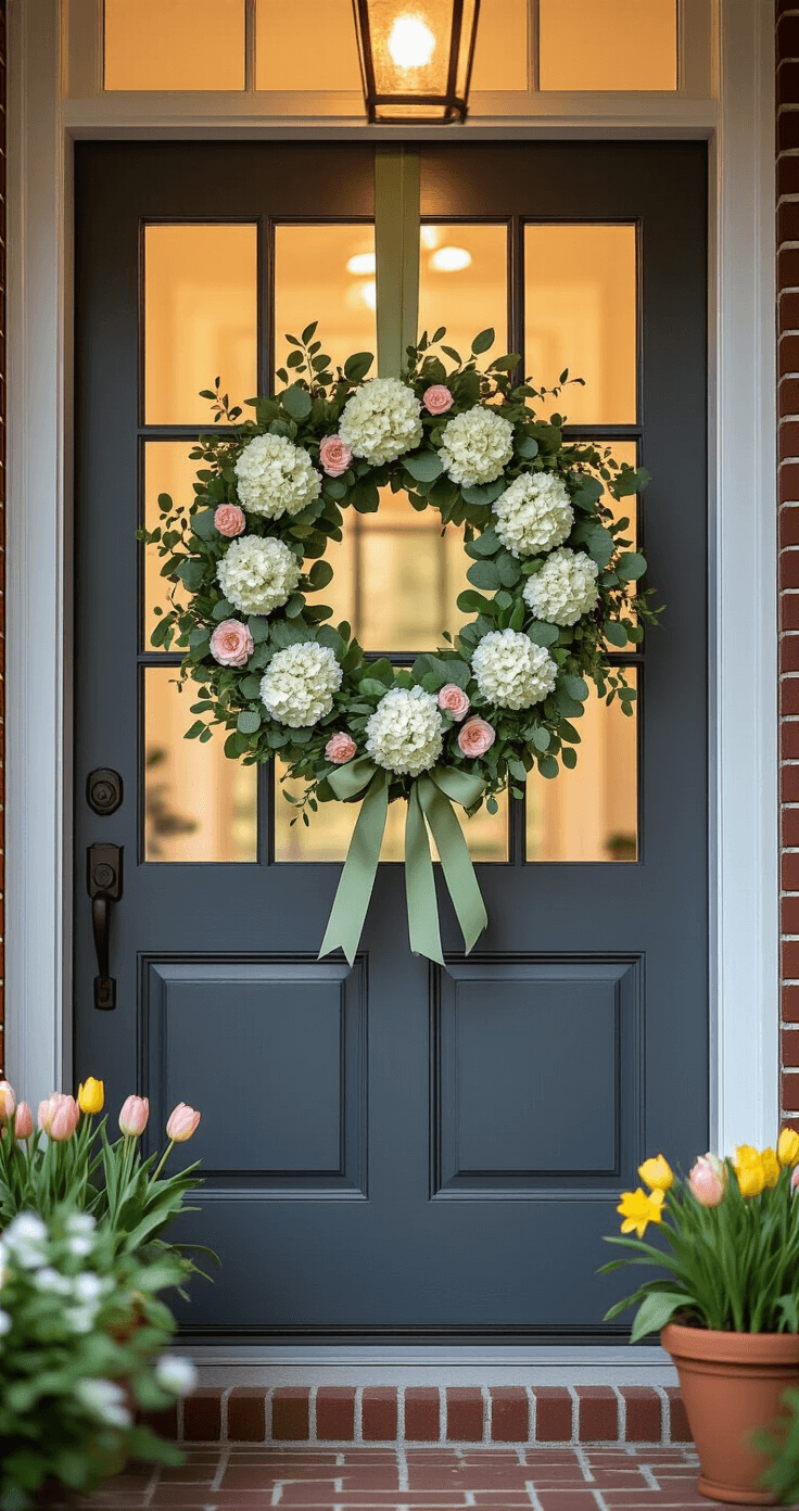 Interior shot of a spring wreath adorned with white hydrangeas, green eucalyptus, and soft pink ranunculus, hanging on a charcoal gray front door, illuminated by warm light from inside. The scene features a traditional brick stoop with terracotta planters containing tulips and daffodils, set against cool exterior tones and a glowing porch light.