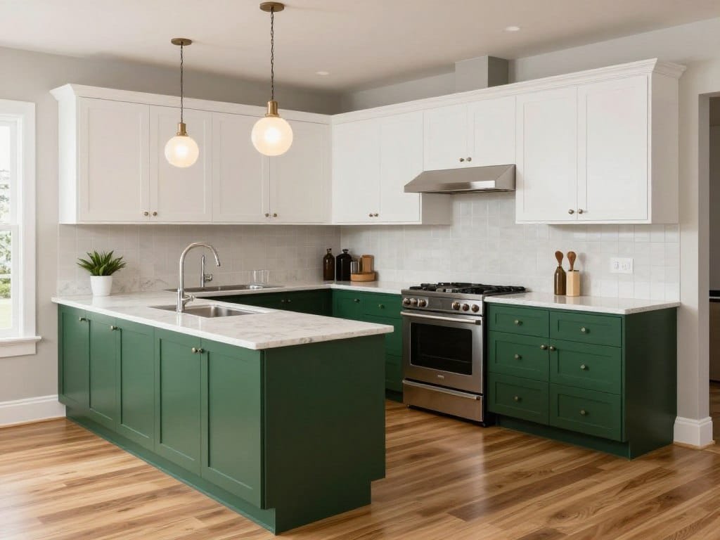 Kitchen with white upper cabinets and dark green lower cabinets
