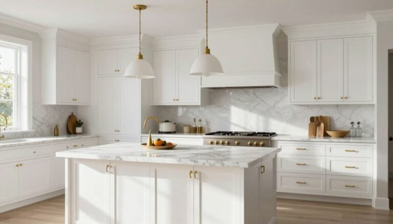 Antique White Kitchen Cabinets: Are They Still in Style or Officially Dated? Luxury antique white kitchen with stone countertops and brass hardware