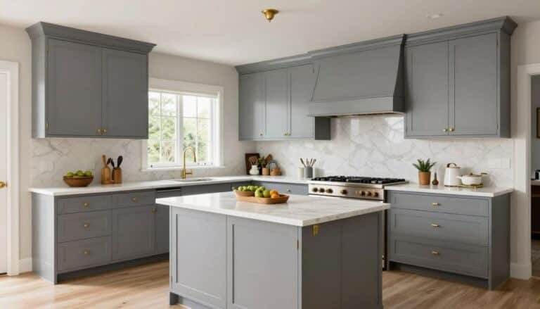 Greige Kitchen Cabinets: Designer-Approved Pairings, Costs & High-End Kitchen Ideas Luxury kitchen with greige cabinets featuring marble countertops and brass hardware