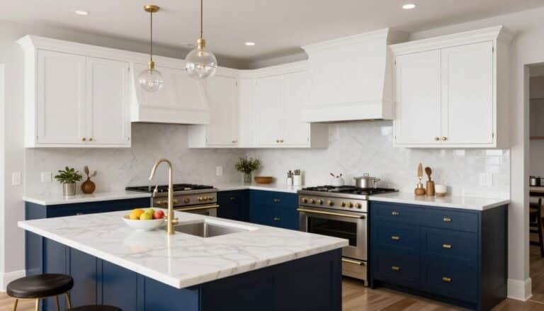 Luxury two-tone kitchen cabinets with light upper cabinets and dark blue lower cabinets