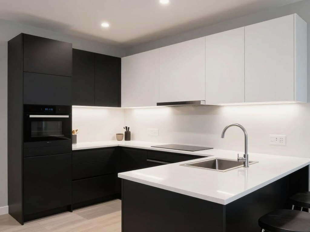 Modern kitchen with black lower cabinets and white upper cabinets